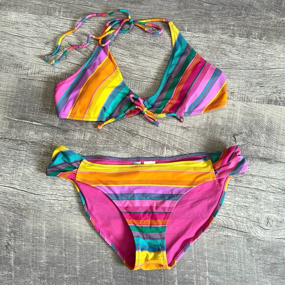 Inmocean Bright Rainbow Striped Bikini Set Juniors L Halter Triangle Top 2 Piece - Picture 1 of 10